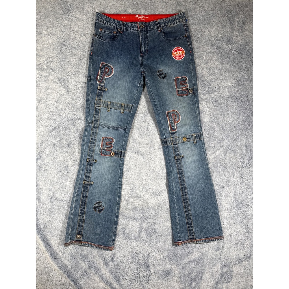 Pepe Jeans‎ London Vintage Y2K Patchwork Flared Denim Jeans Blue Size 31 Mens